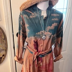 FANTAZIA SZ 3XL  HORSE PRINT DUSTY WESTERN COLORS BUTTON DOWN SHIRT DRESS W/SASH